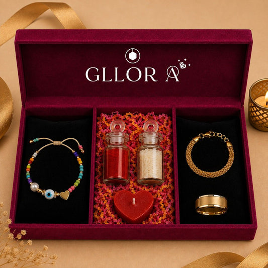 Evil Eye Rakhi With Gold Braided Bracelet And Gold Ring