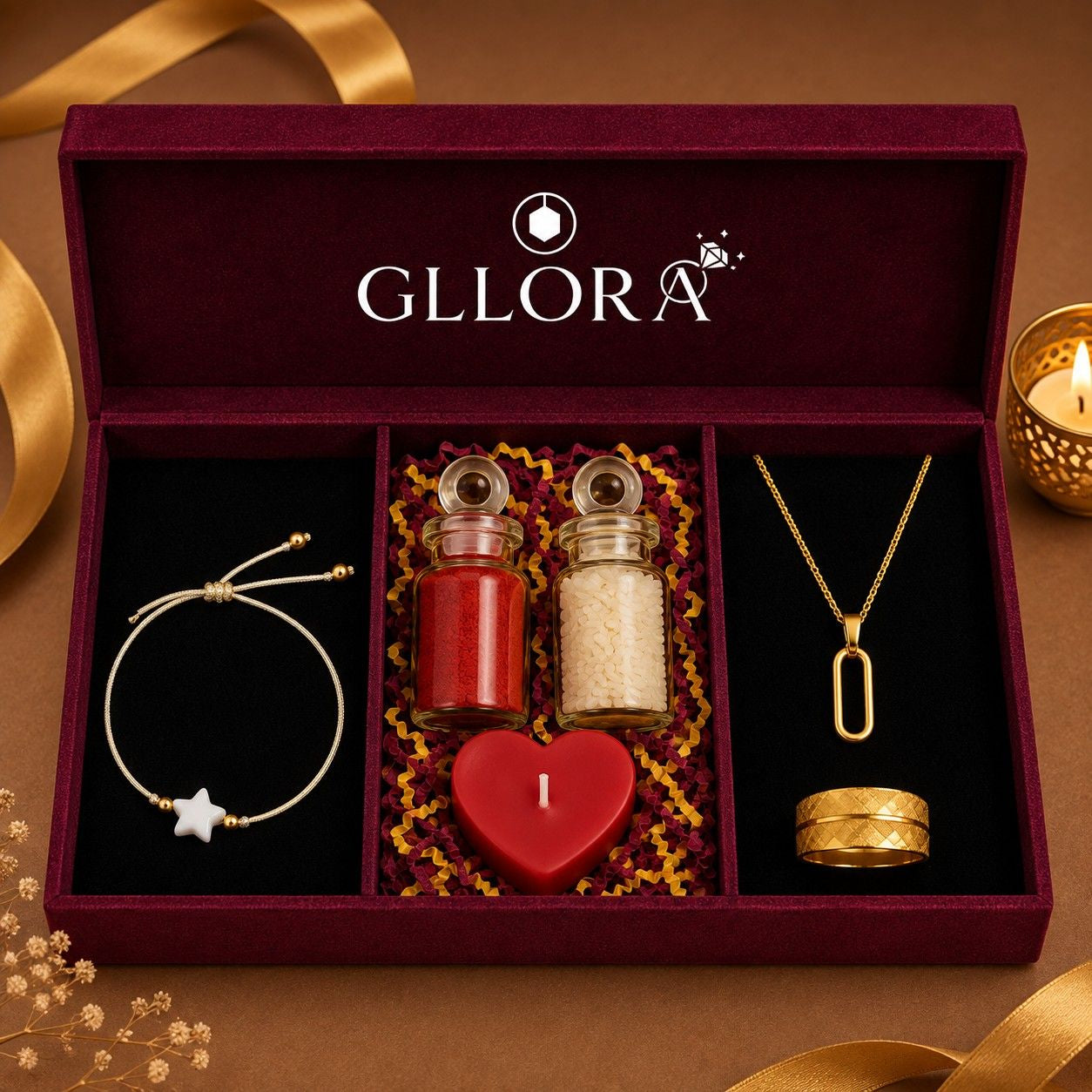 Star Rakhi With Oval Pendant Chain And Classic Gold Ring