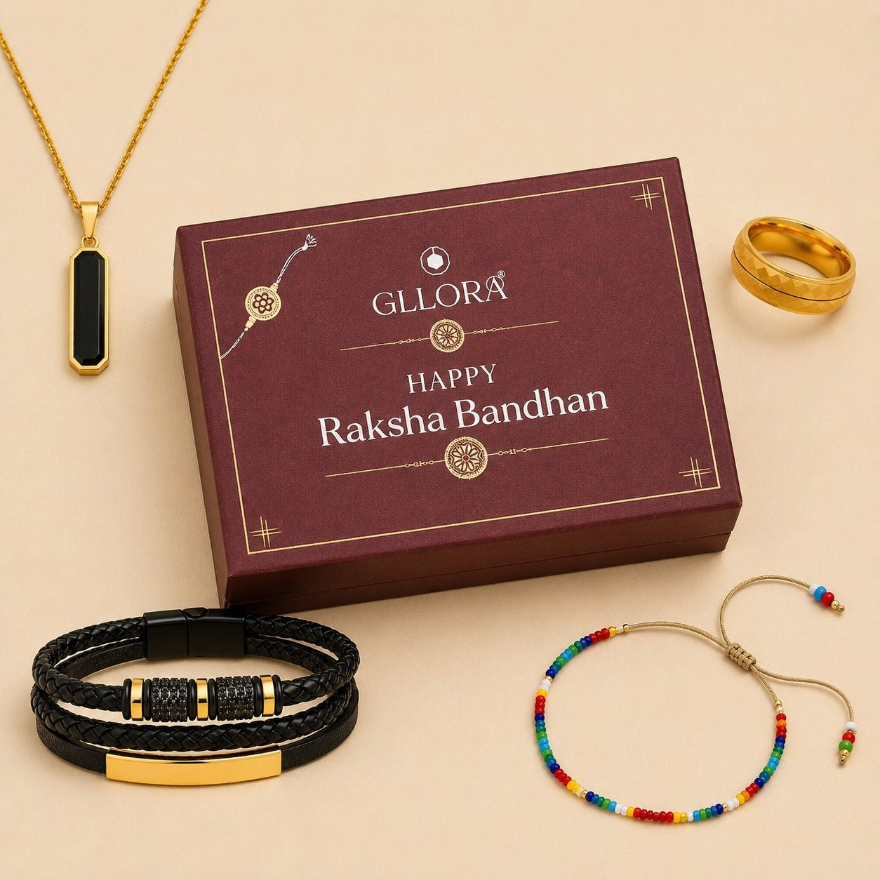 Colorful Rakhi With Leather Bracelet, Emerald Pendant Chain And Classic Ring