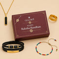 Colorful Rakhi With Leather Bracelet, Emerald Pendant Chain And Classic Ring