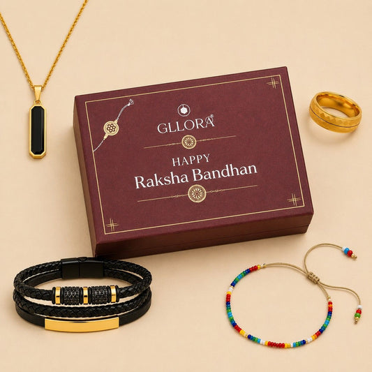 Colorful Rakhi With Leather Bracelet, Emerald Pendant Chain And Classic Ring