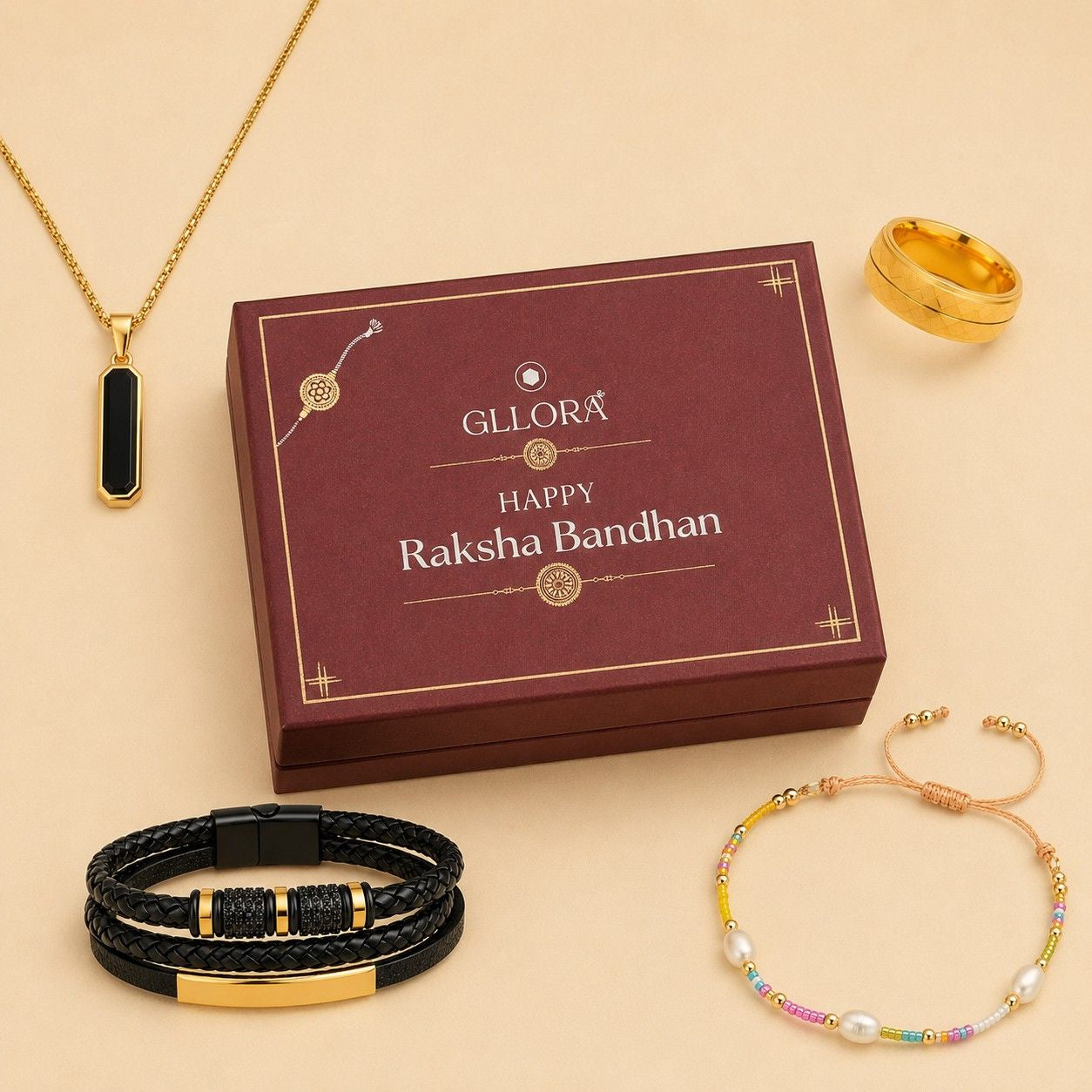Pearl Rakhi With Leather Bracelet, Emerald Pendant Chain And Classic Ring