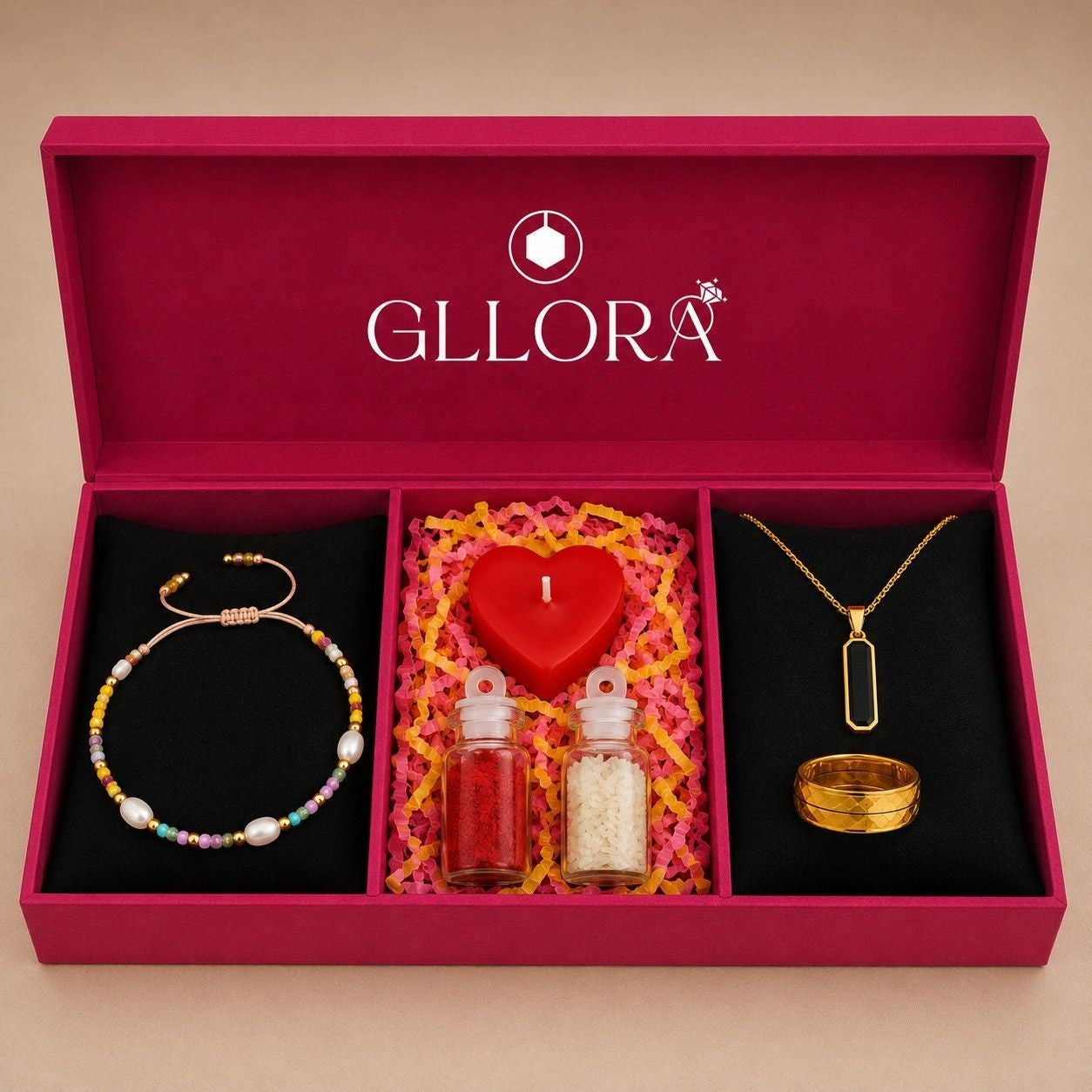 Pearl Rakhi With Oval Pendant Chain And Classic Gold Ring