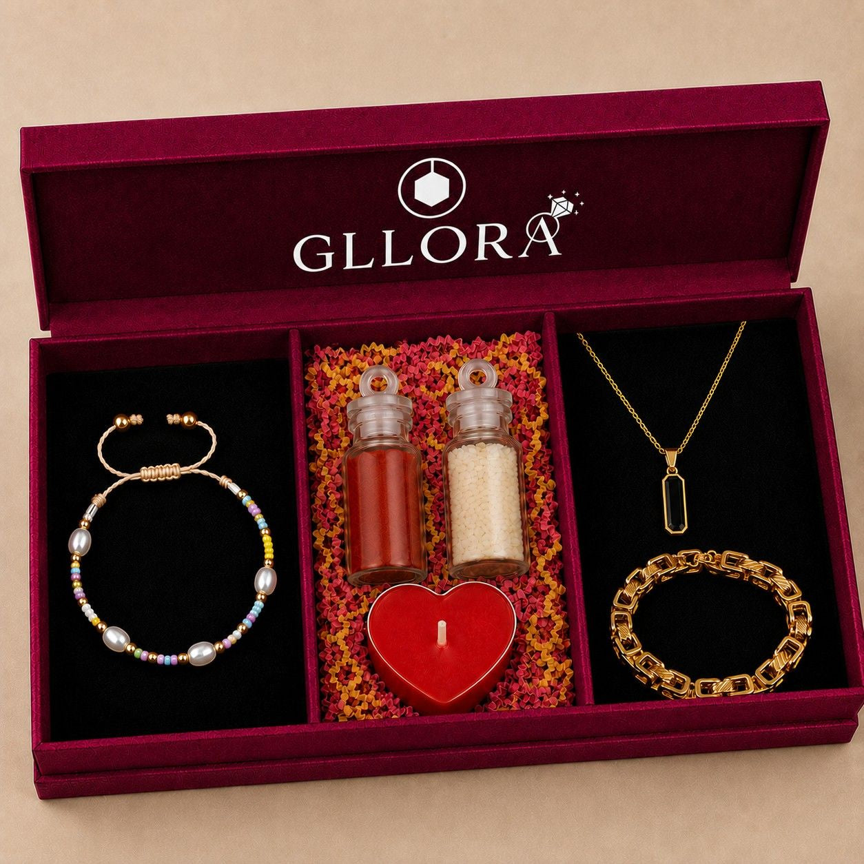 Pearl Rakhi With Interlinked Bracelet And Emerald Rectangle Pendant Chain