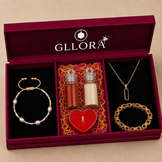 Pearl Rakhi With Interlinked Bracelet And Emerald Rectangle Pendant Chain