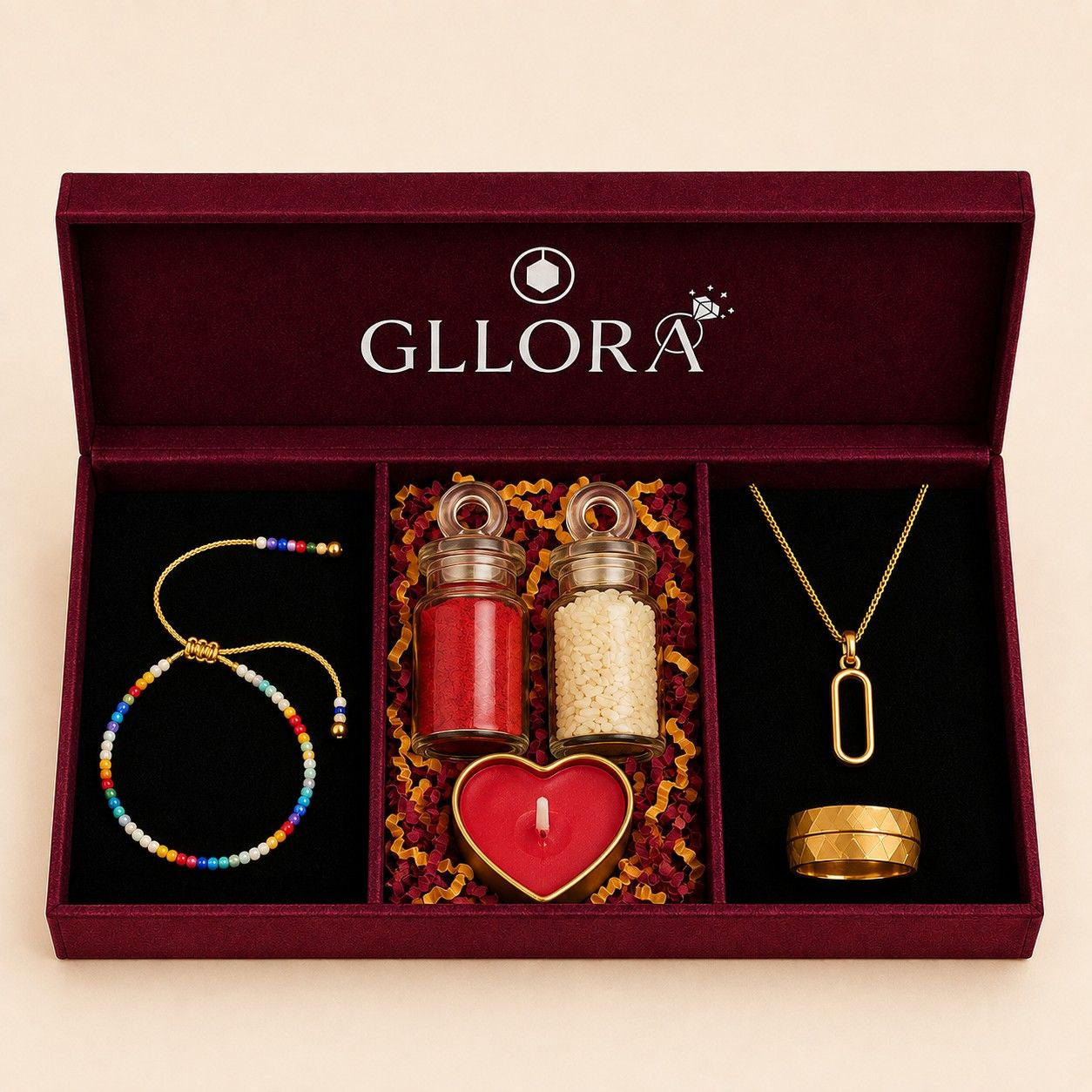Colorful Rakhi With Oval Pendant Chain And Classic Gold Ring