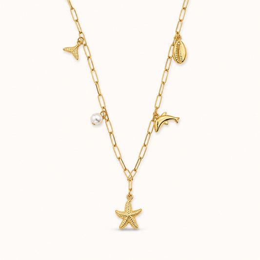 Starfish & Seashell Charm Necklace with Pearl