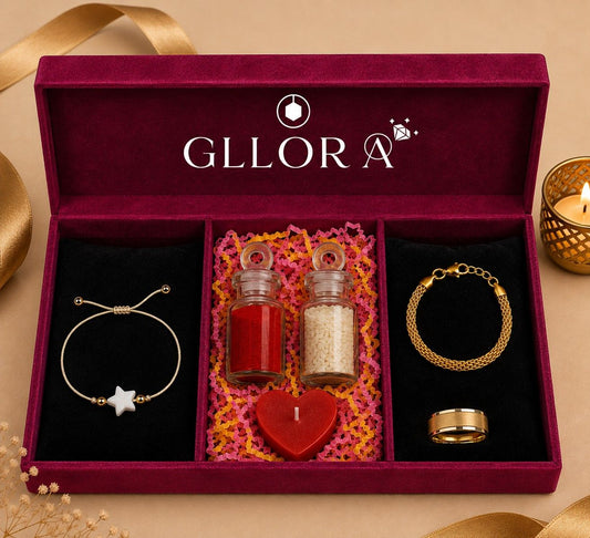 Star Rakhi With Gold Braided Bracelet And Gold Ring