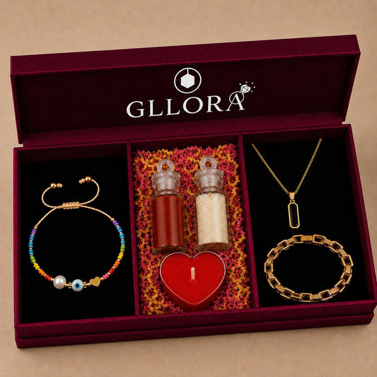 Evil Eye Rakhi With Interlinked Bracelet And Emerald Rectangle Pendant Chain