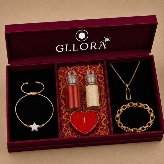 Star Rakhi With Interlinked Bracelet And Emerald Rectangle Pendant Chain