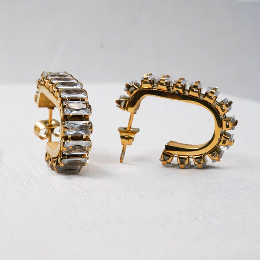 Flora Baguette Zircon C-Hoop Earrings – wide C-shaped hoops with baguette zircon row, Flora Collection, 18K gold-3
