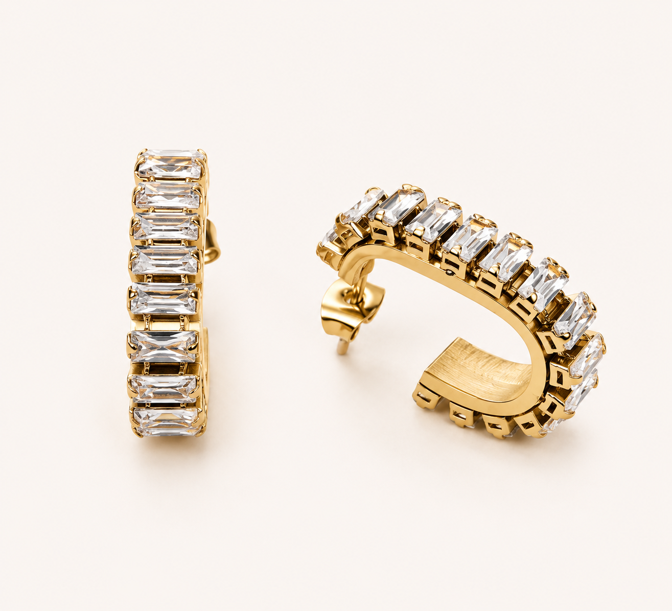 Flora Baguette Zircon C-Hoop Earrings – wide C-shaped hoops with baguette zircon row, Flora Collection, 18K gold