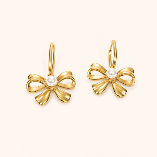 Flora Bow Knot Pearl Centre Drop Earrings – 18K Gold Plated-2