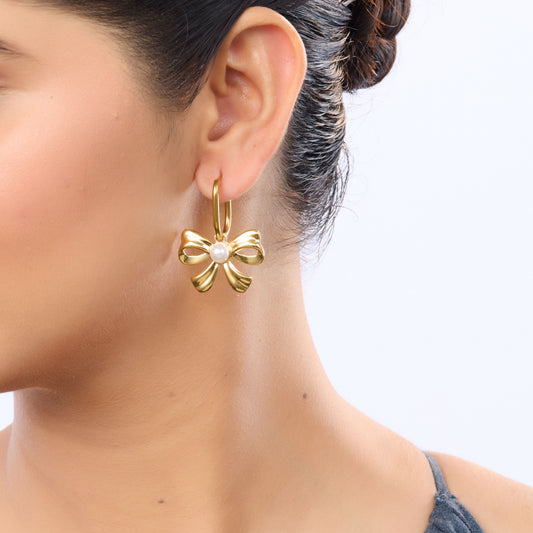 Flora Bow Knot Pearl Centre Drop Earrings – 18K Gold Plated-3