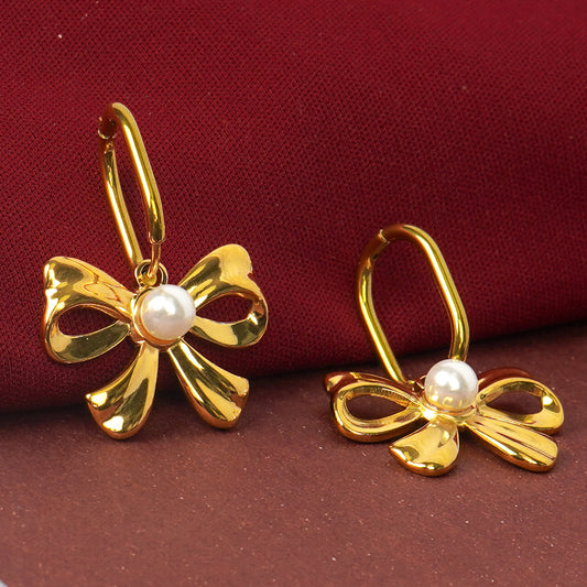 Flora Bow Knot Pearl Centre Drop Earrings – 18K Gold Plated-4