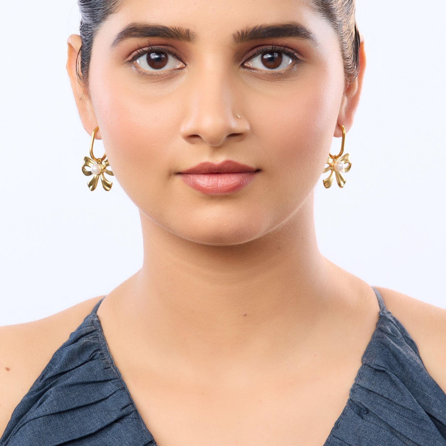 Flora Bow Knot Pearl Centre Drop Earrings – 18K Gold Plated-5