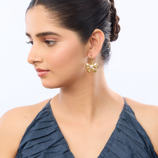 Flora Bow Knot Pearl Centre Drop Earrings – 18K Gold Plated-6