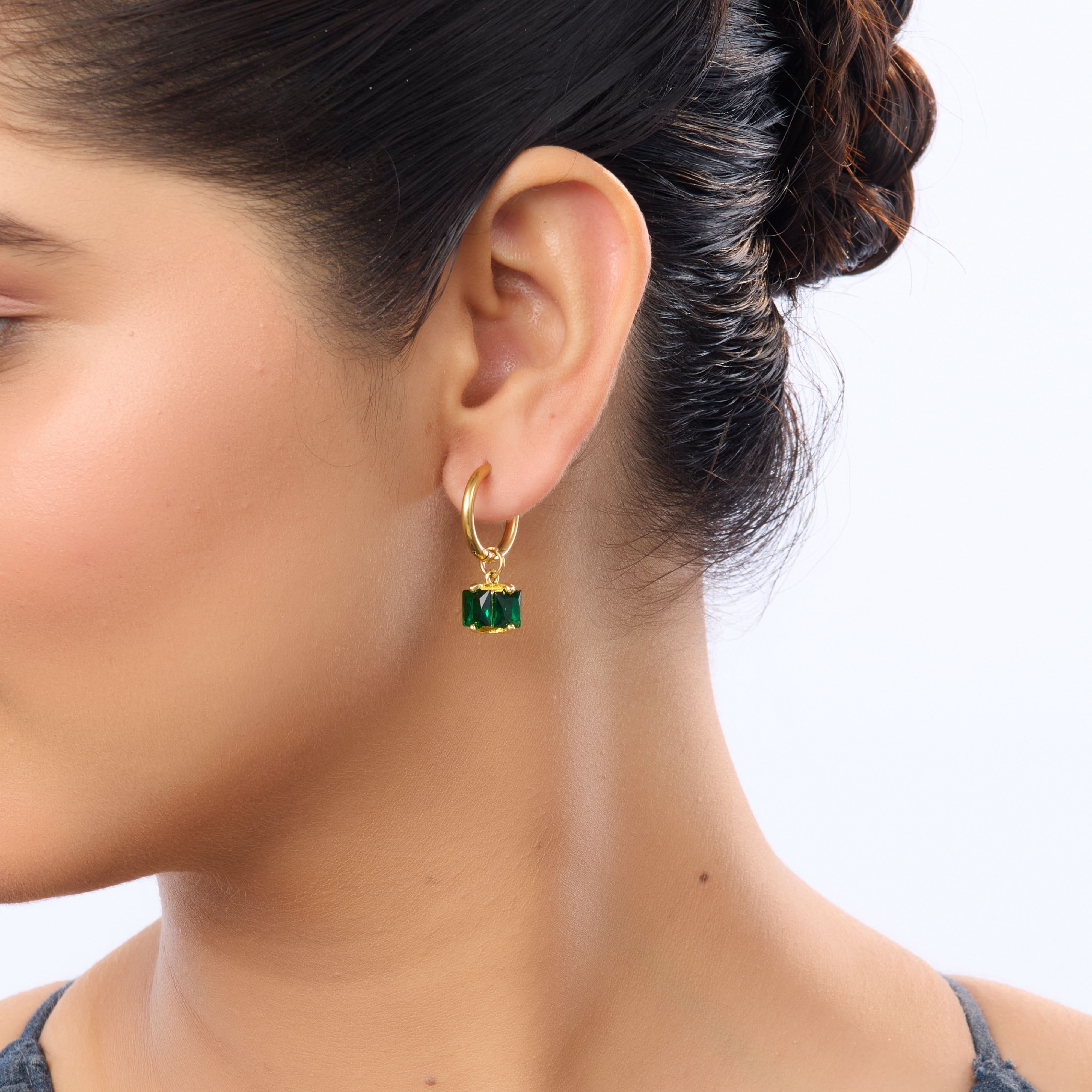 Flora Huggie Hoop with Emerald Green Crystal Pendant Earrings – 18K Gold Plated-2
