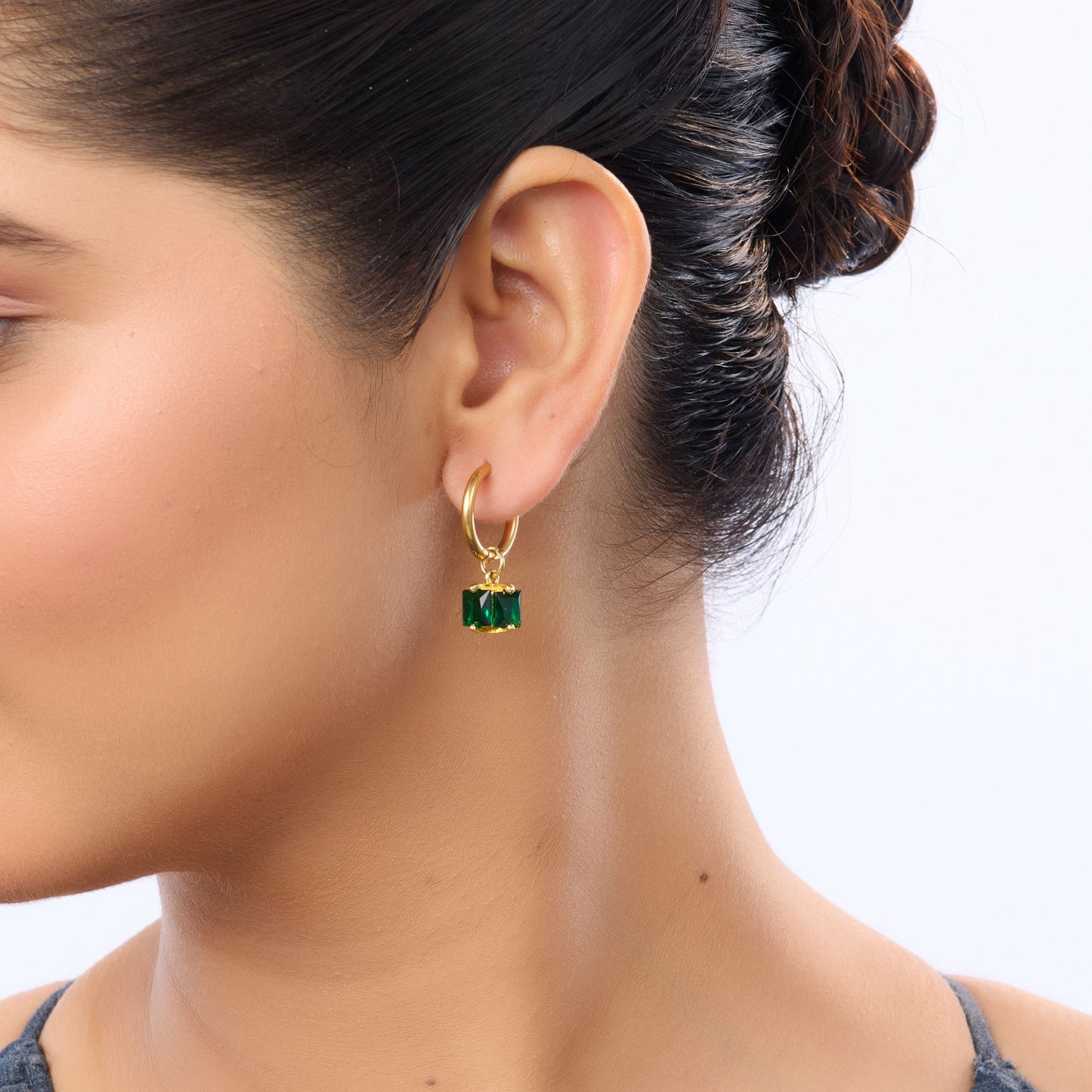 Flora Huggie Hoop with Emerald Green Crystal Pendant Earrings – 18K Gold Plated-2