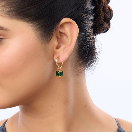 Flora Huggie Hoop with Emerald Green Crystal Pendant Earrings – 18K Gold Plated-2
