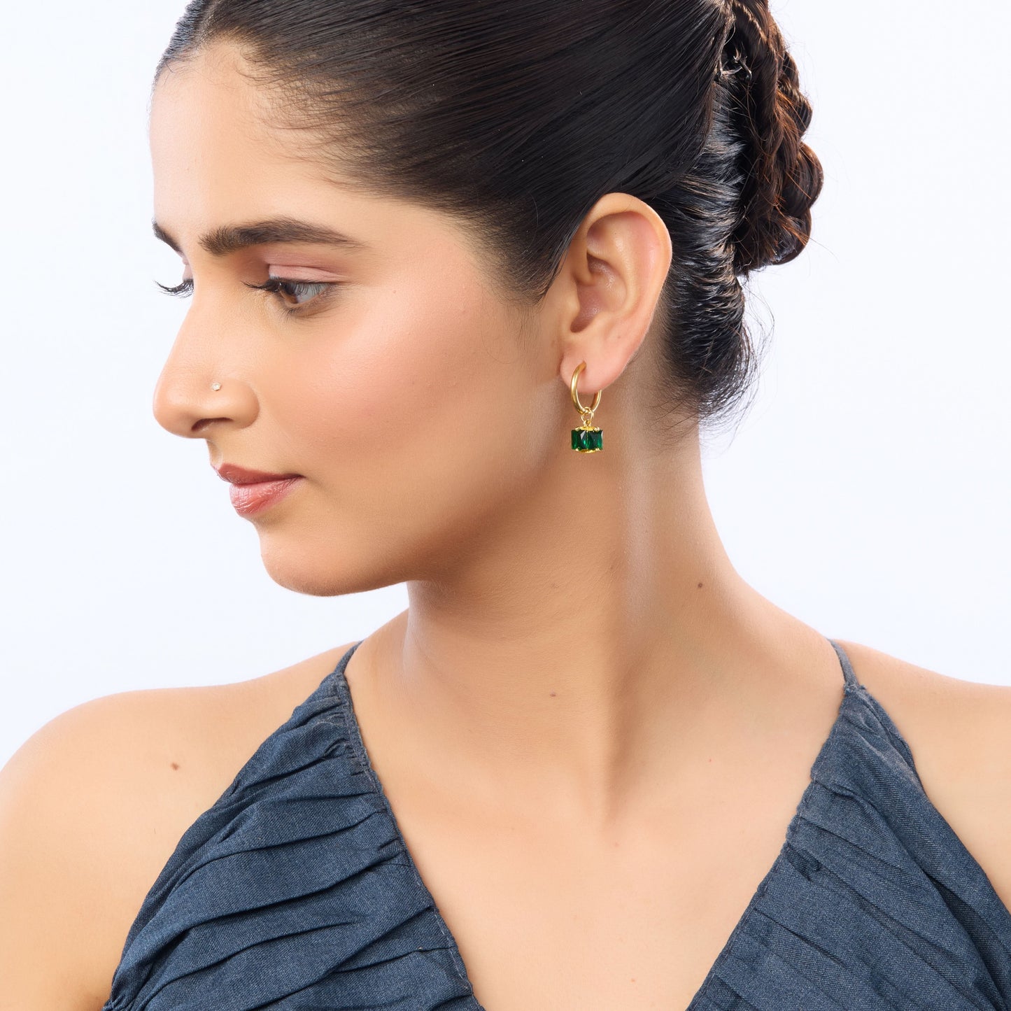 Flora Huggie Hoop with Emerald Green Crystal Pendant Earrings – 18K Gold Plated-3