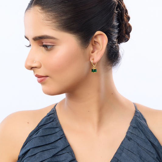 Flora Huggie Hoop with Emerald Green Crystal Pendant Earrings – 18K Gold Plated-3