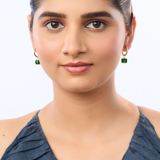 Flora Huggie Hoop with Emerald Green Crystal Pendant Earrings – 18K Gold Plated-4