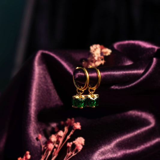 Flora Huggie Hoop with Emerald Green Crystal Pendant Earrings – 18K Gold Plated-5