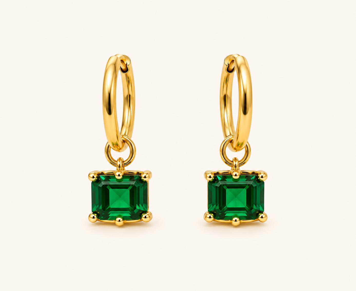 Flora Huggie Hoop with Emerald Green Crystal Pendant Earrings – 18K Gold Plated