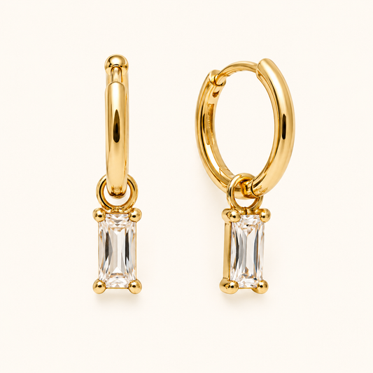 Flora Huggie Hoop with Emerald-Cut Zircon Drop Earrings – 18K Gold Plated