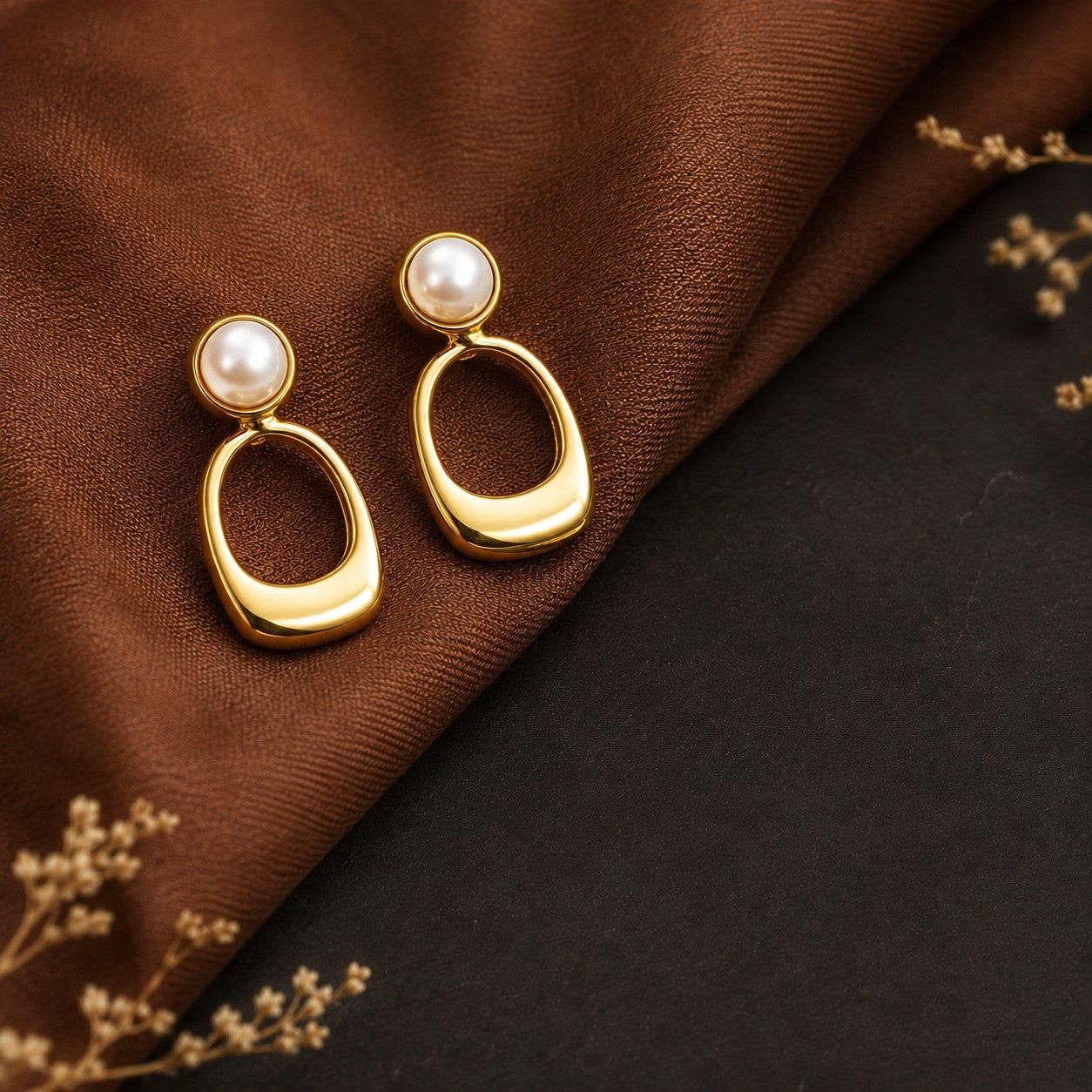 Flora Geo Square Pearl Frame Stud Earrings – 18K Gold Plated-5