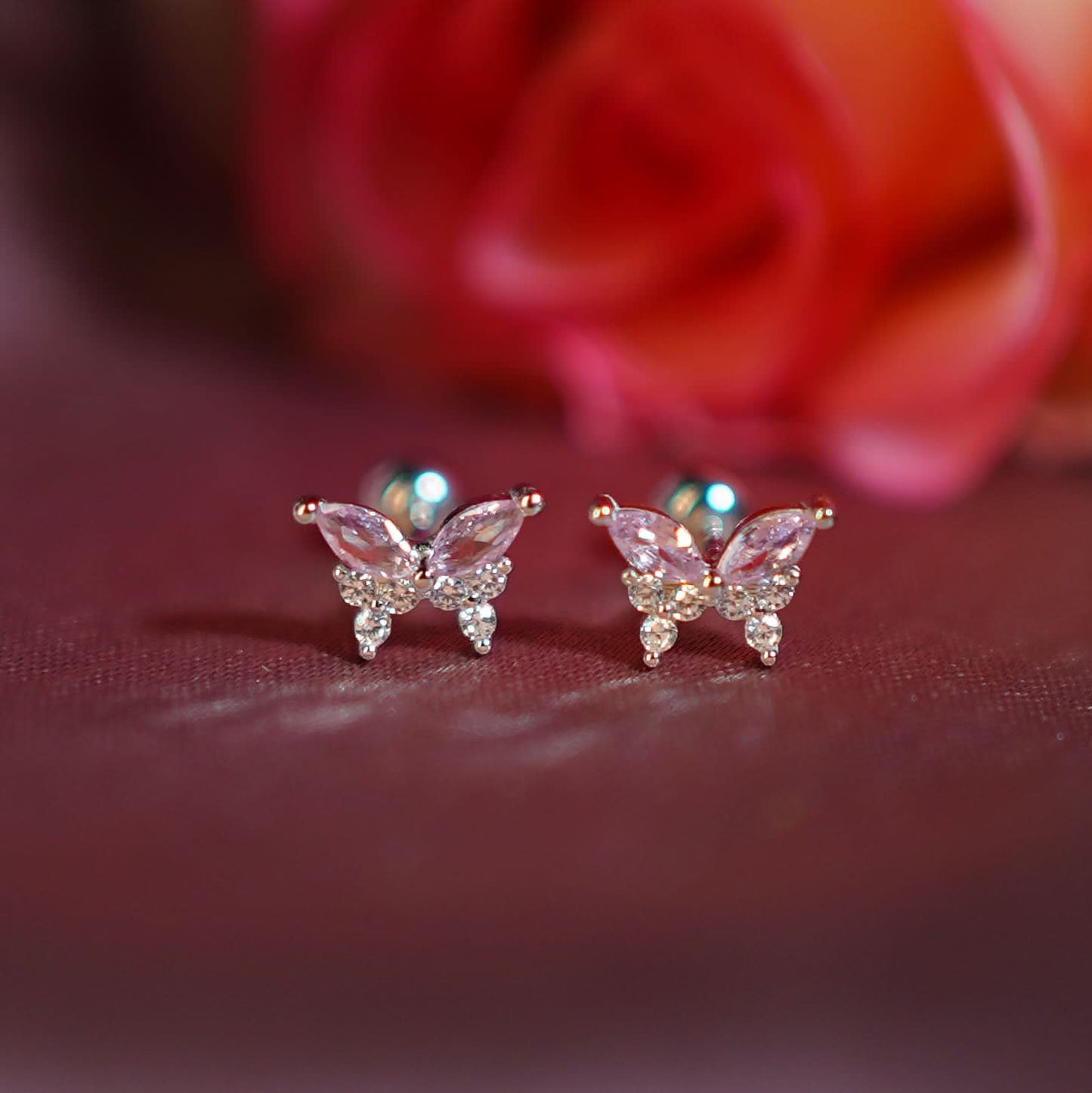 Flora Pink Crystal Butterfly Stud Earrings – 18K Gold Plated-5