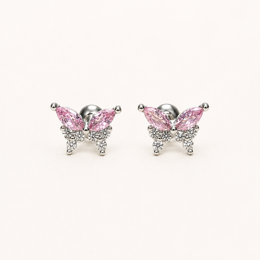 Flora Pink Crystal Butterfly Stud Earrings – 18K Gold Plated