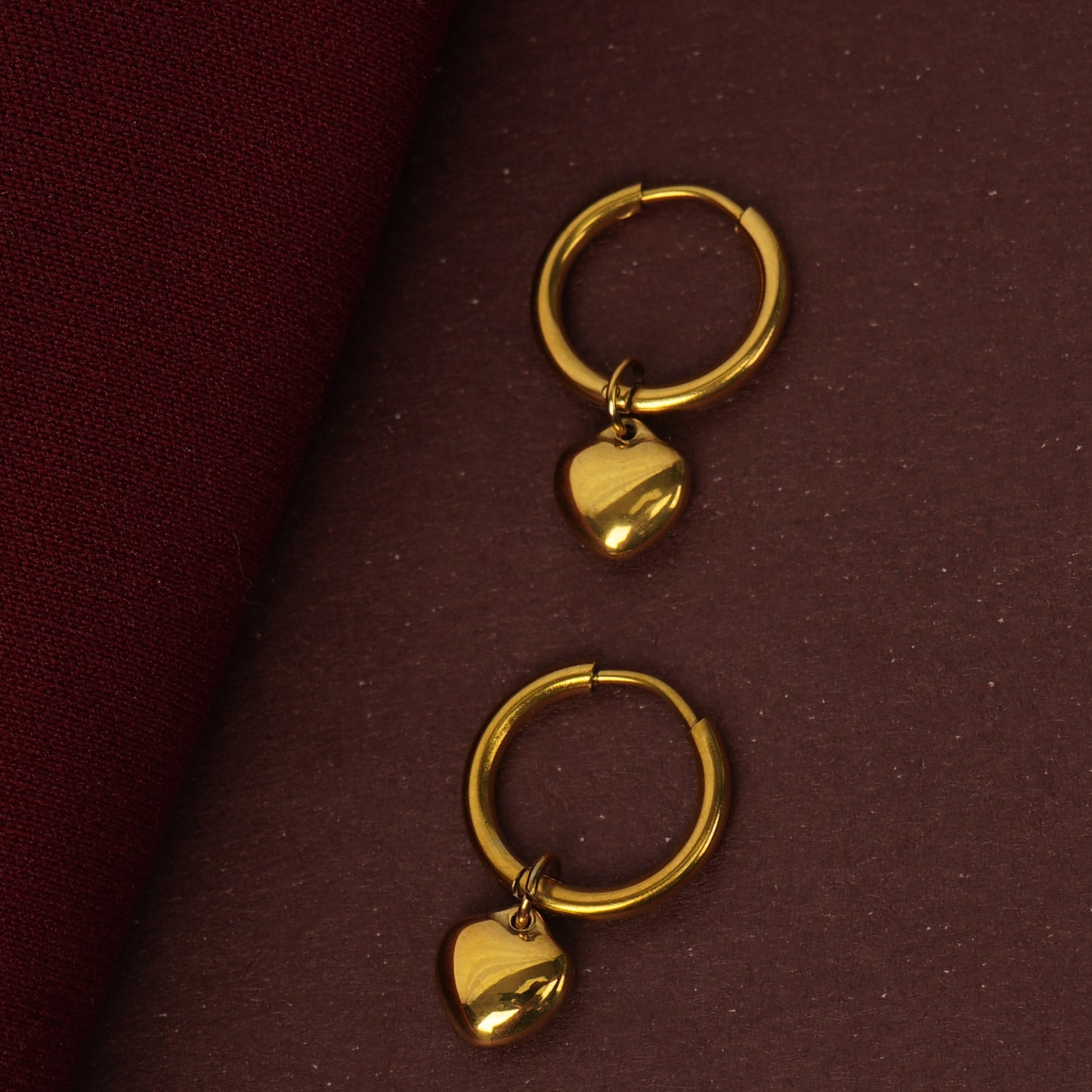 Flora Puffed Heart Charm Hoop Earrings – medium gold hoops with puffed heart drop charm, Flora Collection-2