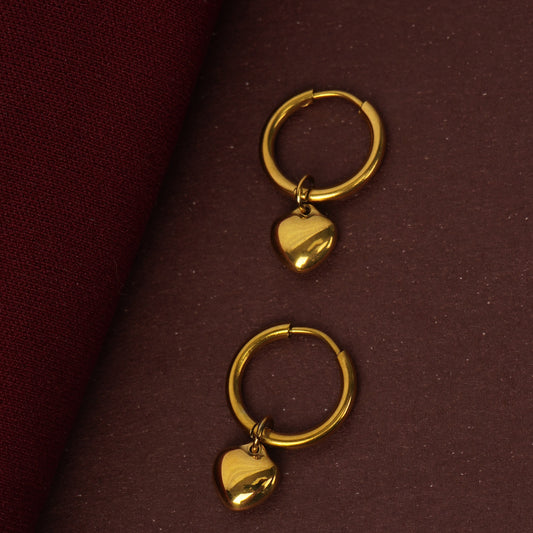 Flora Puffed Heart Charm Hoop Earrings – medium gold hoops with puffed heart drop charm, Flora Collection-2