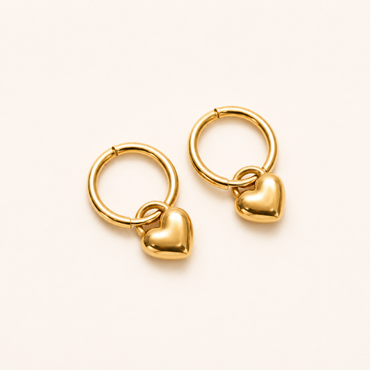 Flora Puffed Heart Charm Hoop Earrings – medium gold hoops with puffed heart drop charm, Flora Collection