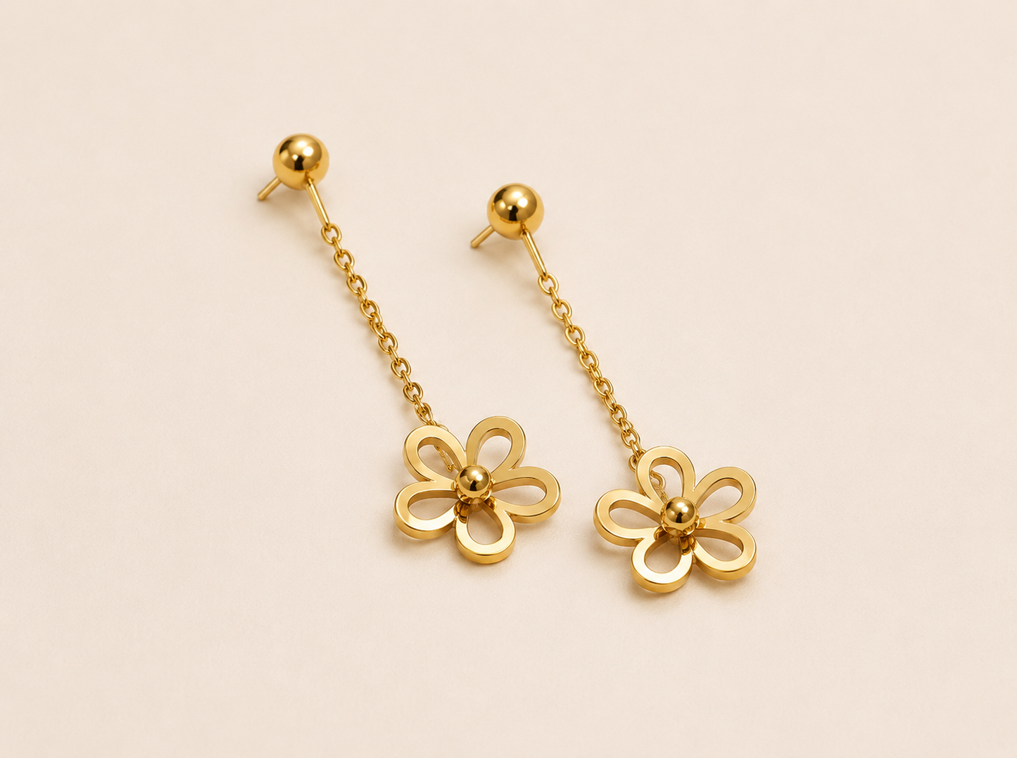 Floral Chain Drop Earrings – floral motif stud with chain drop earrings in 18K gold plated finish for women