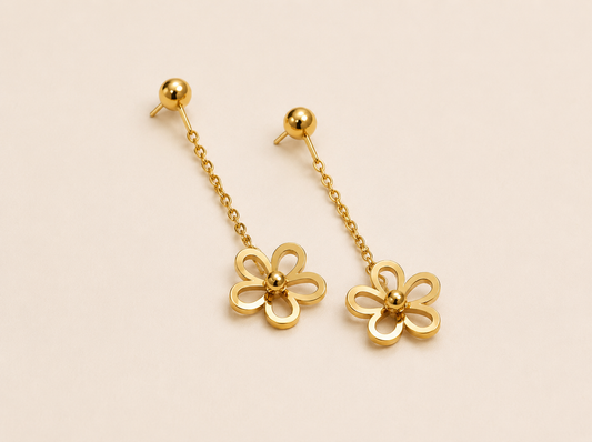 Floral Chain Drop Earrings – floral motif stud with chain drop earrings in 18K gold plated finish for women