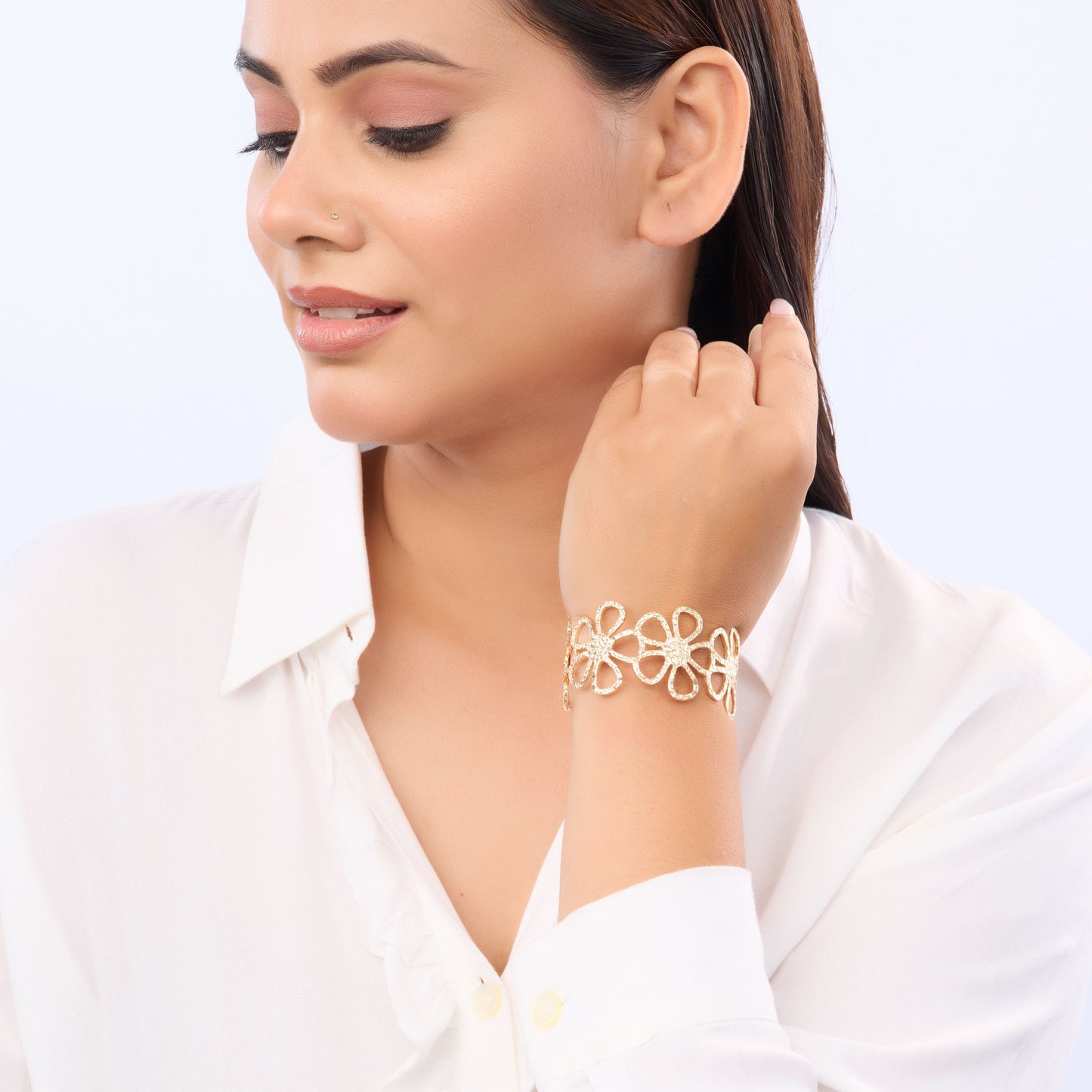 Floral Open Cuff Bracelet – floral embossed open cuff bracelet in 18K gold plated finish for women-15