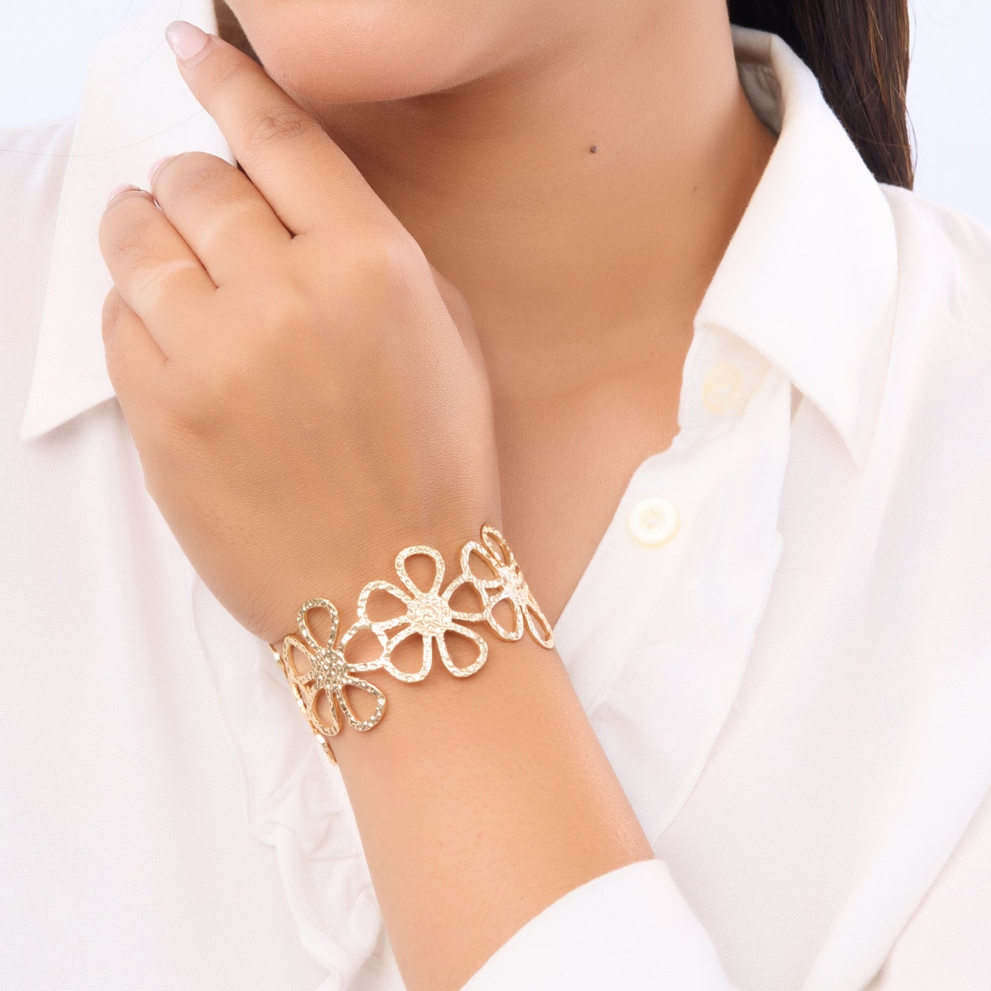 Floral Open Cuff Bracelet – floral embossed open cuff bracelet in 18K gold plated finish for women-16
