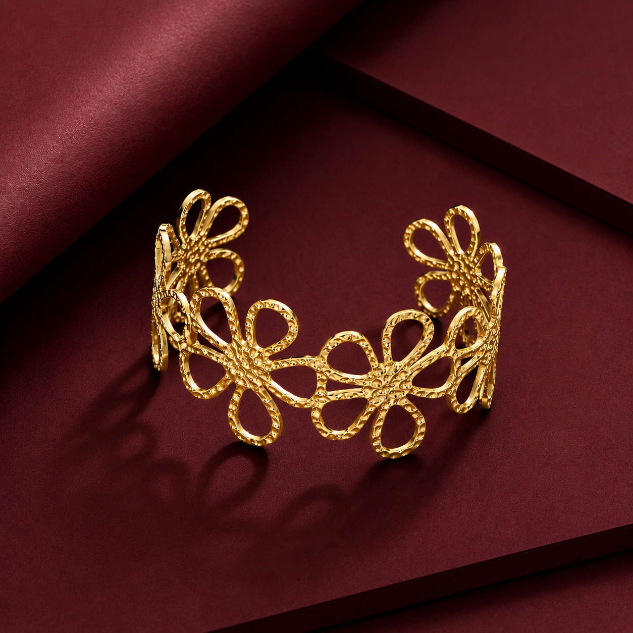 Floral Open Cuff Bracelet – floral embossed open cuff bracelet in 18K gold plated finish for women-18
