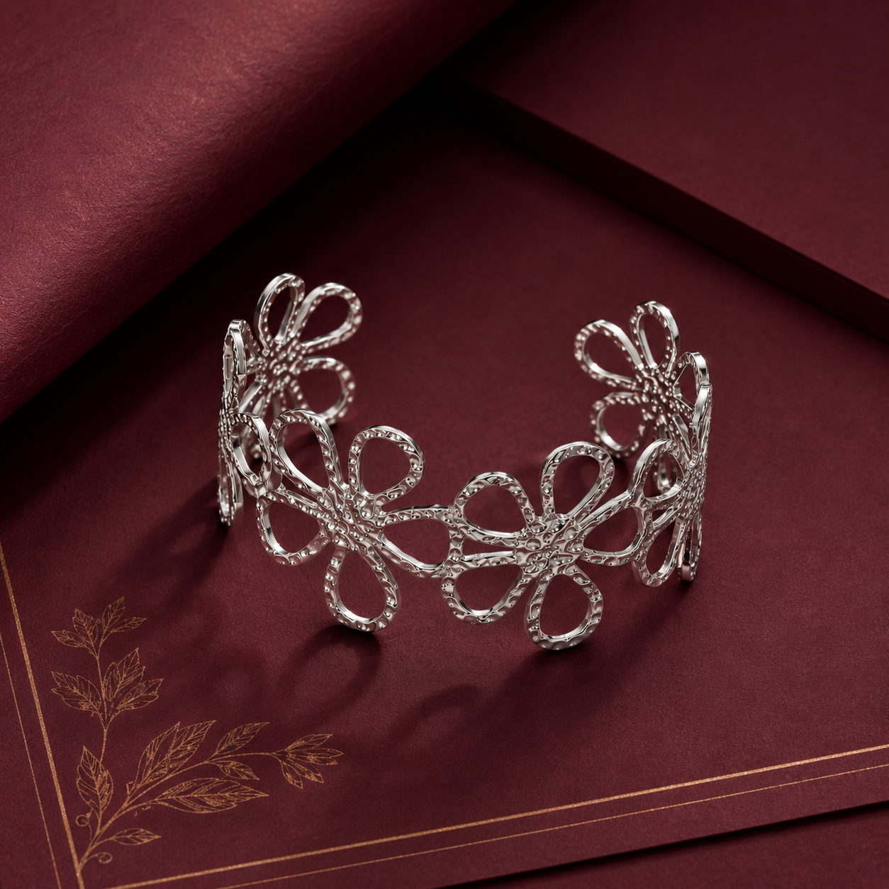Floral Open Cuff Bracelet – floral embossed open cuff bracelet in 18K gold plated finish for women-8