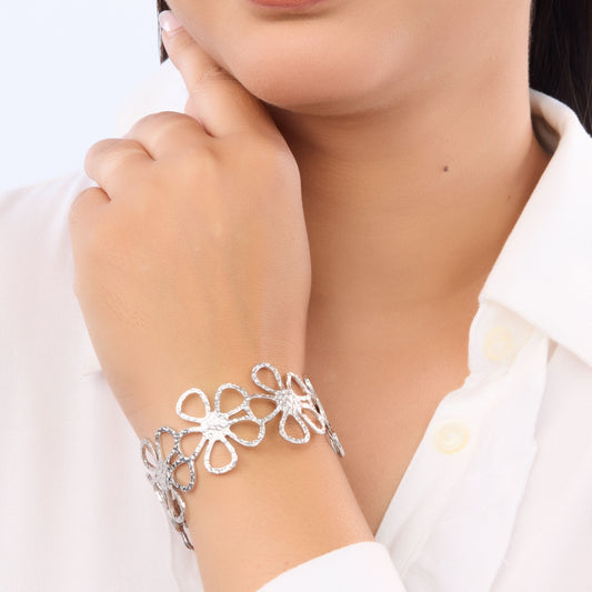 Floral Open Cuff Bracelet – floral embossed open cuff bracelet in 18K gold plated finish for women