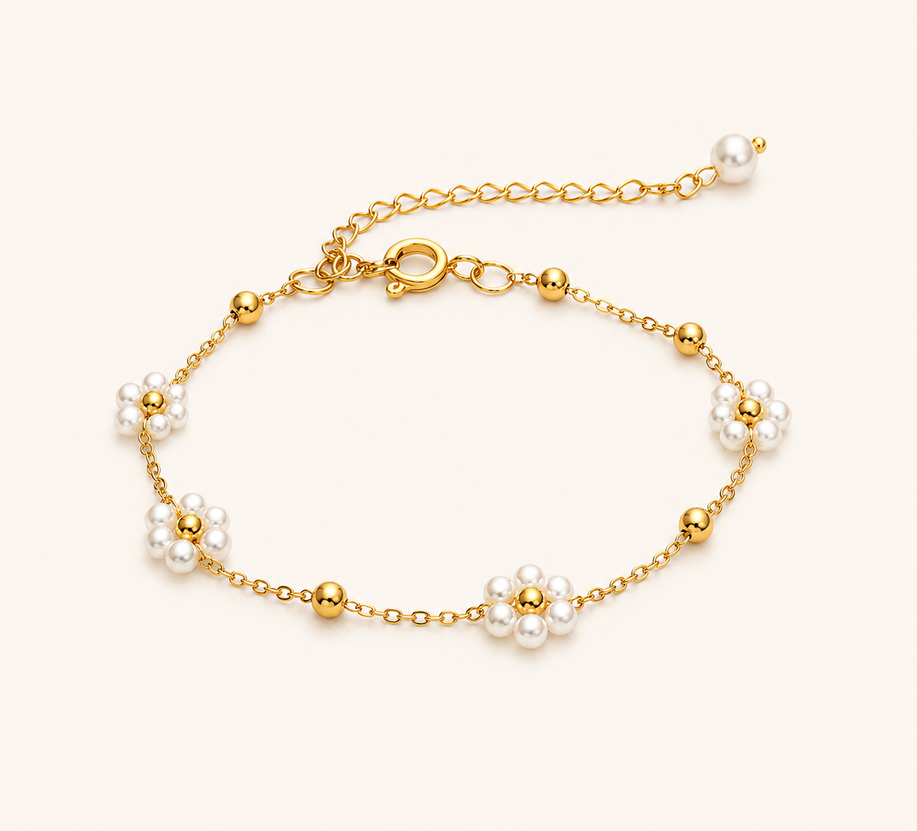 Floral Pearl Charm Bracelet – daisy-inspired pearl charm bracelet in handcrafted 18K gold plated wire design-2
