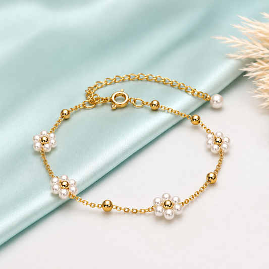 Floral Pearl Charm Bracelet – daisy-inspired pearl charm bracelet in handcrafted 18K gold plated wire design-5