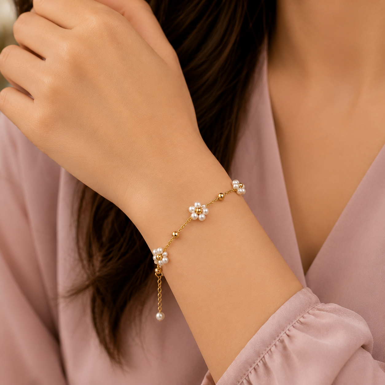 Floral Pearl Charm Bracelet – daisy-inspired pearl charm bracelet in handcrafted 18K gold plated wire design