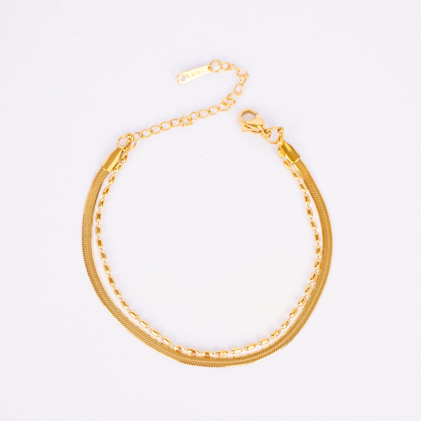 Gilded Ribbon & Orb Duo Bracelet – pre-stacked flat snake chain and oval-bead strand bracelet in 18K gold plated finish-3