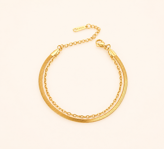 Gilded Ribbon & Orb Duo Bracelet – pre-stacked flat snake chain and oval-bead strand bracelet in 18K gold plated finish