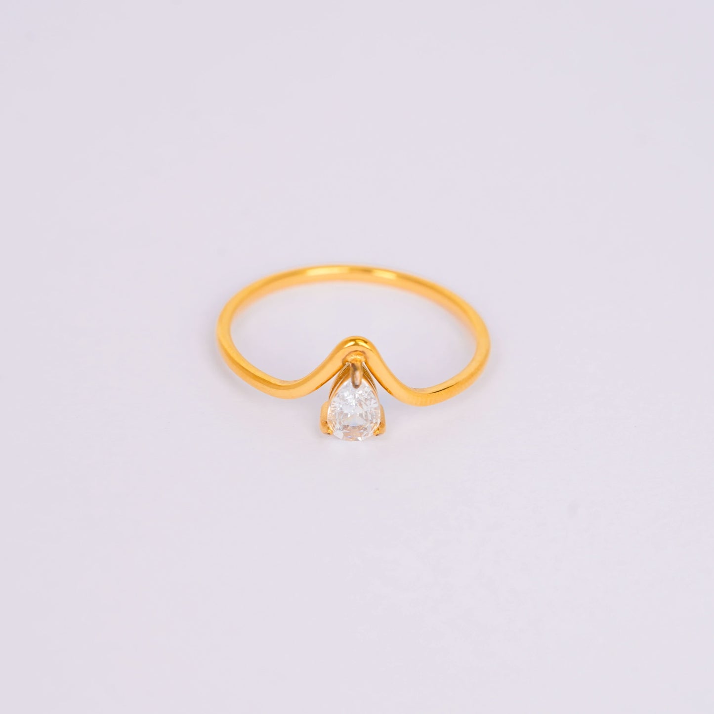 Gilded V-Pear Solitaire Ring – pear-cut V-prong solitaire ring in 18K gold plated finish for women-10