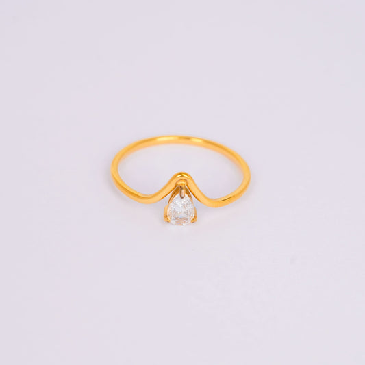 Gilded V-Pear Solitaire Ring – pear-cut V-prong solitaire ring in 18K gold plated finish for women-10